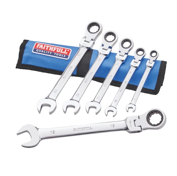 Faithfull XMS25SPANNER Ratchet Combination Spanner Set in Tool Roll 6 Piece