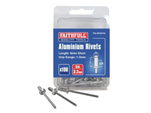 Faithfull FAIAR3S100 Aluminium Rivets 3.2 x 6mm Short Pre-Pack of 100