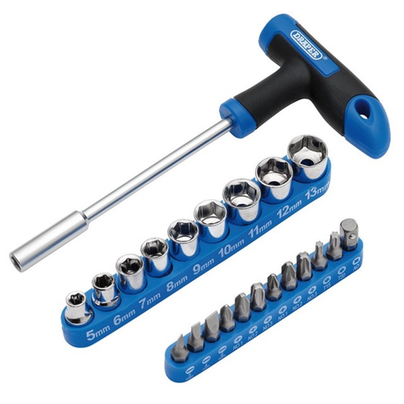 Draper 21011 T-Handle Screwdriver Socket and Bit Set 1/4inch Sq. Dr. (22 Piece)