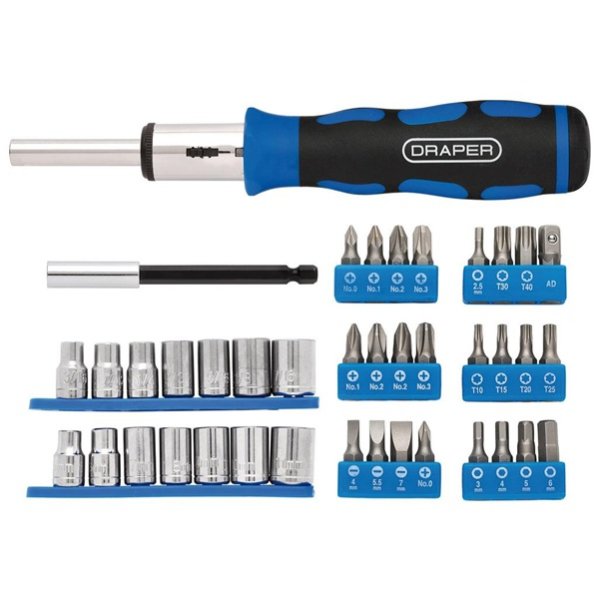 Draper 21010 Ratchet Screwdriver Socket and Bit Set 1/4inch Sq. Dr. 40 Piece