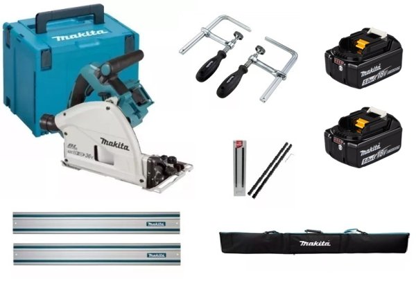 Makita DSP600PROKIT 18+18Volt Plunge Saw 165mm Body, with Clamps, Rails, Connectors, 2 18V 5Ah Batteries and Rail Bag